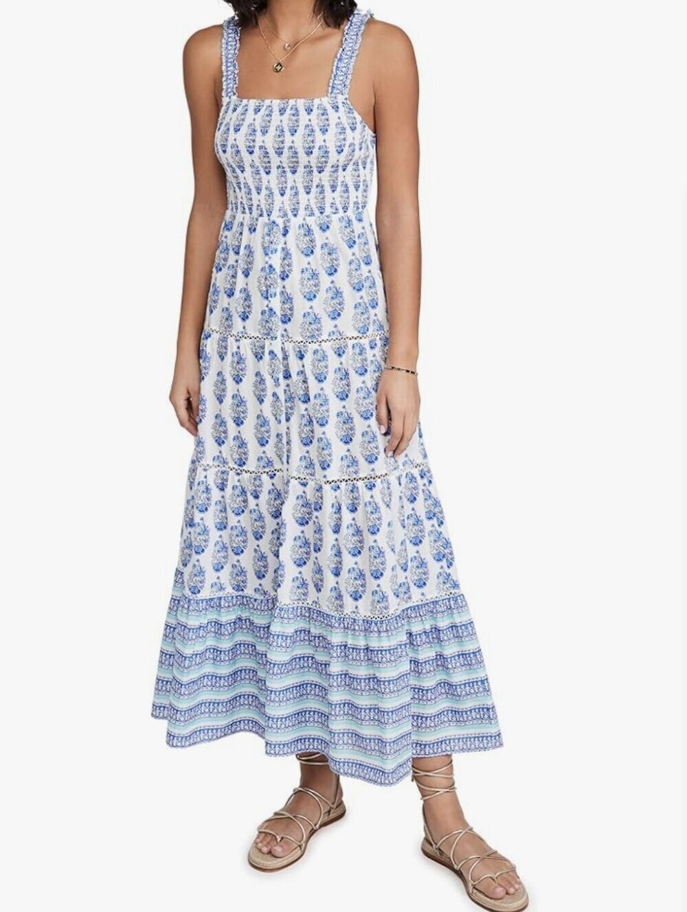 Playa Lucila Smock Border Tiered Boho Floral Maxi Dress Sz S Smocked Bodice Boho